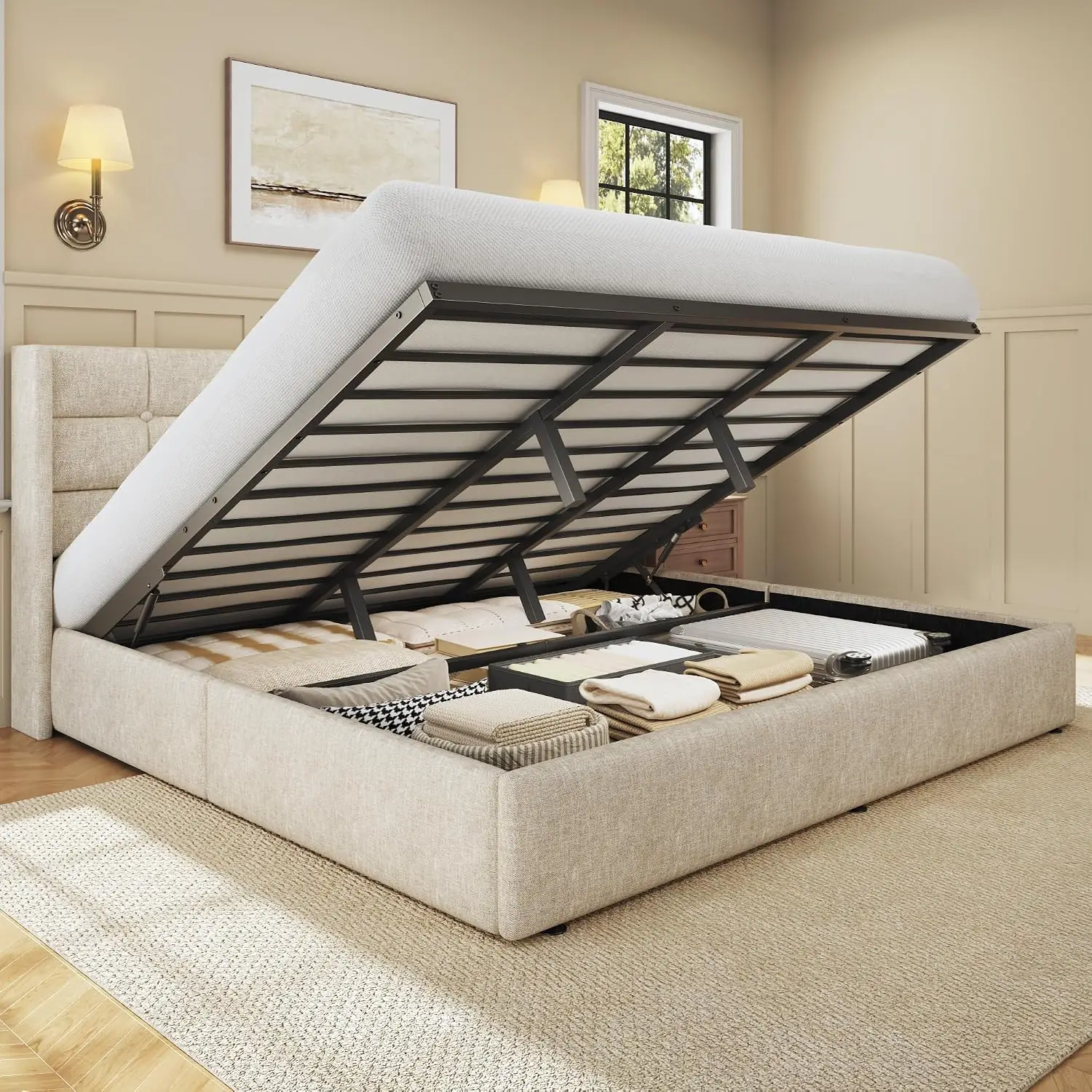 Gas Lift Storage Bed Hydraulic - Cama King Size com Armazenamento Elevável,