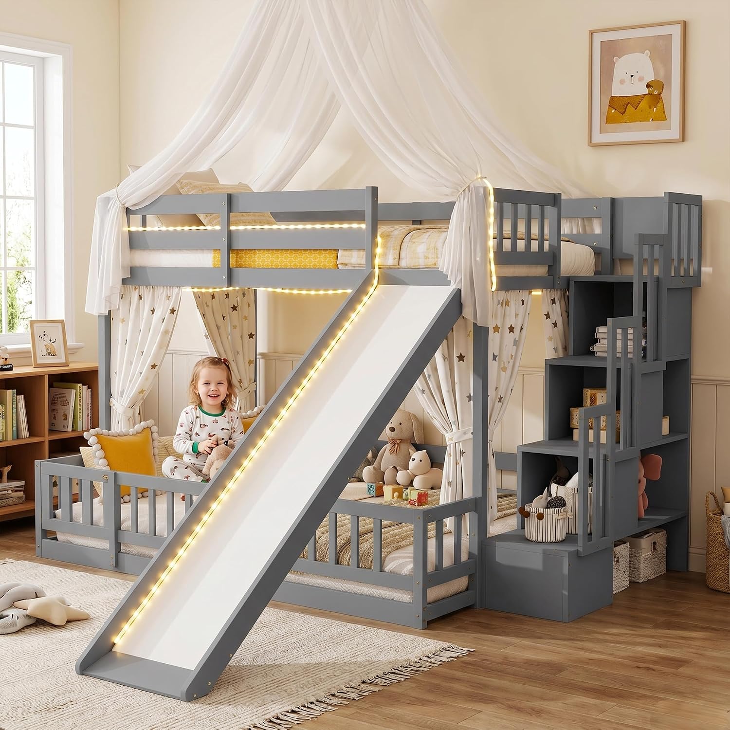Bunk Bed With Stairs And Slide - Beliche com cama superior e inferior,