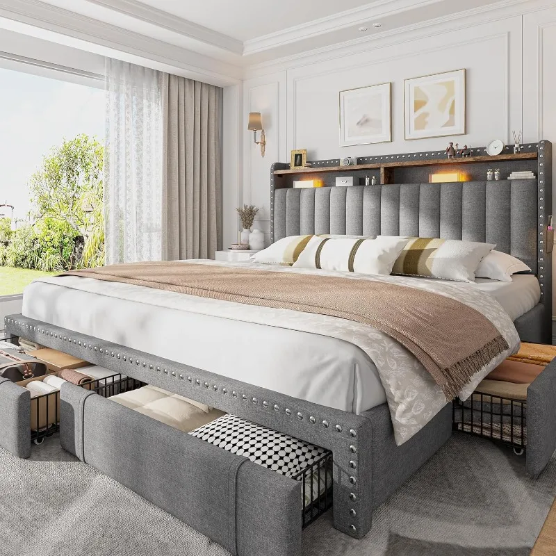 Cama King Size Estofada EnHome - King Size Bed Frame With Storage Drawers avaliação e preço