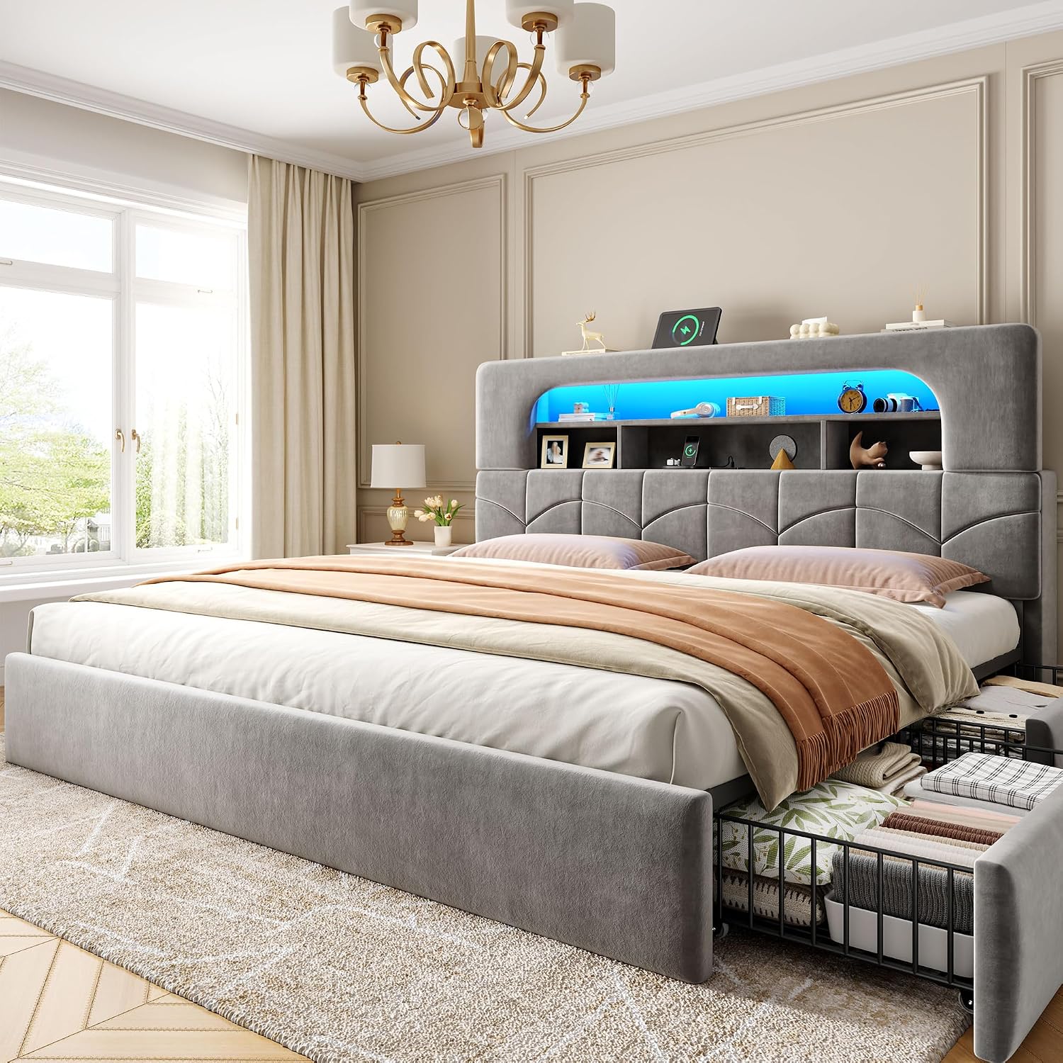 Estrutura de cama tamanho king - King Size Bed Frame With Storage Drawers avaliação e preço